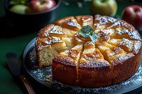 Fresh baked apple upside down cake with caramelized fruit slices and powdered sugar on dark background, homemade autumn dessert recipe.
