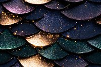 Magical mermaid scales pattern with glitter texture in dark green, purple, and gold colors creating mystical fish scale background with sparkle effect.
