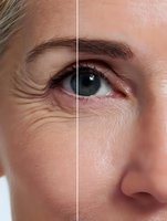Close-up comparison of aging female face showing wrinkles and skin texture before and after treatment, demonstrating anti-aging skincare results.