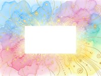 Watercolor rainbow frame with gold foil details and white space for text. Pastel gradient border with decorative swirls for invitations and design projects.