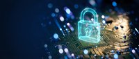 Digital cybersecurity concept with glowing padlock hologram on circuit board background representing data protection and network security technology.