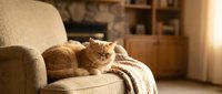 Adorable orange tabby cat relaxing on cozy beige armchair with knitted blanket in warm sunlit living room interior for pet lifestyle content.