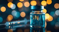 Medical vial with blue liquid on dark background with golden bokeh lights, syringe in soft focus. Modern medicine and vaccination concept.