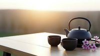 Traditional tea ceremony setup with dark teapot and cups on wooden table at sunset creating peaceful meditation atmosphere for wellness rituals.
