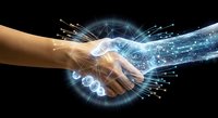 Human hand shaking with digital AI hand in futuristic technology partnership concept with glowing network connections and data streams.