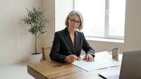 Professional mature businesswoman with gray hair and glasses writing documents at modern office desk with laptop and plant in bright workspace.