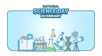 National Science Day celebration banner with laboratory equipment, microscope, DNA helix, telescope and test tubes on light blue background for educational events.