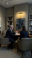 Professional business meeting between mature Caucasian businessman and businesswoman in modern office with bookshelves and contemporary art decor.