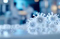 Microscopic view of virus cells with distinctive spike proteins floating in blue medical environment, scientific research visualization for healthcare and medicine.