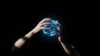 Hands holding glowing blue energy sphere with digital light effects on dark background for technology and innovation concepts.