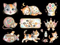 Cute watercolor cat sticker set isolated on transparent background, featuring kittens, paw prints, crown, yarn, and bowl, ready for t-shirts, clipart, and print on demand.
