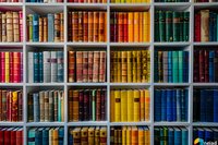Colorful collection of vintage books arranged by color on white bookshelf, creating vibrant rainbow pattern in library or bookstore.