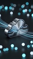 Cloud computing technology symbol with glowing blue data streams flowing through metallic chrome cloud shape against dark background with bokeh lights for tech concepts.