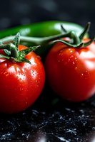 Fresh ripe tomatoes with water drops on dark background, macro shot showing vibrant red color and green stems, suitable for food photography and marketing.
