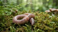 Earthworm crawling on green moss in natural forest environment, showcasing soil ecosystem and organic gardening benefits for composting and agriculture.