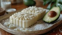 Handmade organic soap bars with floral pattern on wooden plate, fresh avocado and sea salt, natural skincare ingredients for spa and wellness.