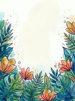 Watercolor botanical frame with tropical flowers and foliage in coral, teal, and gold tones on cream background. Isolated design element suitable for invitations, greeting cards, posters, and social media graphics.