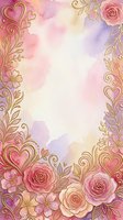 Romantic floral frame with gold ornamental borders, pink roses, hearts, and watercolor background. Perfect for wedding invitations, greeting cards, and romantic design projects.