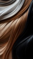 Smooth flowing strands of platinum blonde, copper brown, and raven black hair create wavy lines and curves against dark background for beauty and fashion designs.
