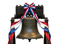 Antique bronze bell mounted on wooden frame with red, white and blue patriotic ribbons and bow, isolated on white background. Suitable for historical, memorial and patriotic design projects.