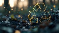 Glowing recycle symbol with golden sparkles on dark natural background with bokeh lights and leaves, representing environmental sustainability and eco-friendly concept.