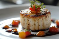 Pan-seared scallop with caramelized crust garnished with microgreens and colorful roasted vegetables in balsamic reduction sauce on white plate.