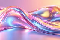 Flowing liquid metal waves in holographic colors create abstract background with pink, blue and golden reflections. Modern design for creative projects.