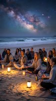 Group meditation session on beach under starry night sky with Milky Way galaxy visible above ocean waves creating peaceful spiritual atmosphere.