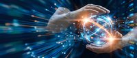 Hands holding glowing digital globe with network connections and data streams, representing global technology, internet connectivity, and worldwide business communication.