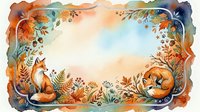 Watercolor autumn frame with fox and foliage border, warm orange and blue tones, seasonal botanical elements for greeting cards and invitations.