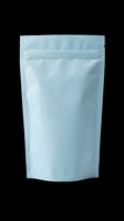 Light blue kraft stand-up pouch with ziplock closure, isolated on transparent background. Ready for packaging design, product mockups, print-on-demand, and e-commerce graphics.