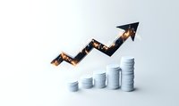 Growing stacks of silver coins with upward trending copper arrow showing financial growth and investment success on light background.