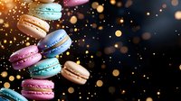 Colorful French macarons floating in space with golden bokeh lights and sparkles on dark background. Sweet pastel cookies in pink, blue, and beige create magical dessert composition.