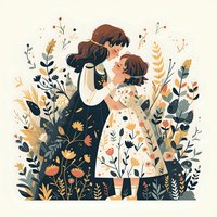 Mother and daughter share tender moment among wildflowers and botanical elements in folk art style illustration. Decorative floral background creates nostalgic mood.