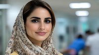 Young Middle Eastern woman wearing floral hijab smiles confidently in professional office setting, representing modern workplace diversity and inclusion.