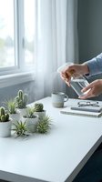 Person watering small potted cacti and air plants on white desk by window with natural light creating peaceful home office workspace atmosphere.