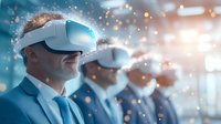 Business people wearing virtual reality headsets with glowing particles effect, modern office environment. Technology innovation and digital transformation concept.