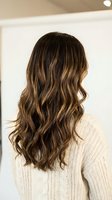 Woman with long wavy brown hair featuring golden highlights wearing cream knit sweater viewed from behind in modern salon setting.