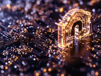 Glowing golden circuit paths on dark motherboard with bokeh light effects, macro photography showing electronic components and copper traces.