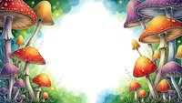 Colorful fantasy mushrooms frame with vibrant red and purple toadstools creating magical border on white background for fairy tale designs.
