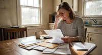 Middle-aged Caucasian woman reviewing financial documents at kitchen table with calculator and paperwork in bright natural light from windows.