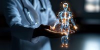 Glowing holographic human anatomy model floating above doctor's hand shows internal organs and skeleton system in futuristic medical visualization.