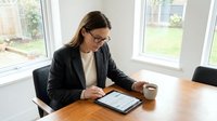 Professional businesswoman with glasses working on tablet at modern office desk with coffee cup near bright windows for corporate presentations.