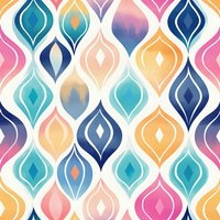 Colorful ogee pattern in pink, blue, and orange watercolor style with diamond accents creates seamless repeating background for fabric, wallpaper, and surface design.