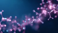 Glowing pink molecular structure on dark blue background with bokeh effect creates futuristic scientific visualization for medical or research presentations.