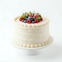 Elegant layer cake with cream frosting and fresh berries on white cake stand, suitable for bakery, dessert, celebration, and food photography projects.