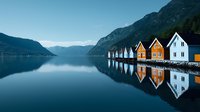 Tranquil Norwegian fjord landscape with colorful wooden houses reflecting in calm water, mountains rising dramatically in background during blue hour.