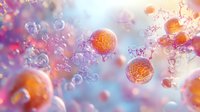 Microscopic orange spherical cells floating in purple-blue ethereal space with transparent bubbles and light effects creating dreamy scientific atmosphere.