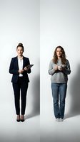 Two professional women standing against white background, one in business suit with tablet, other in casual sweater holding coffee cup for workplace concepts.