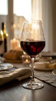 Glass of red wine with condensation droplets on elegant dining table with warm candlelight and bread in cozy restaurant atmosphere for romantic dinner setting.